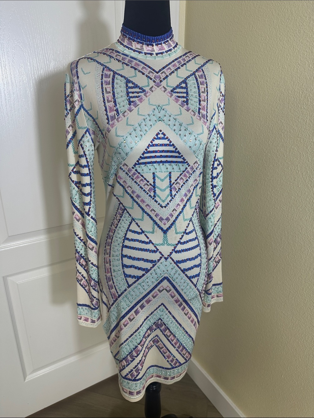 Long Sleeve Art Deco Aztec Bodycon Dress in
Mint and Blue with Rhinestones. Med